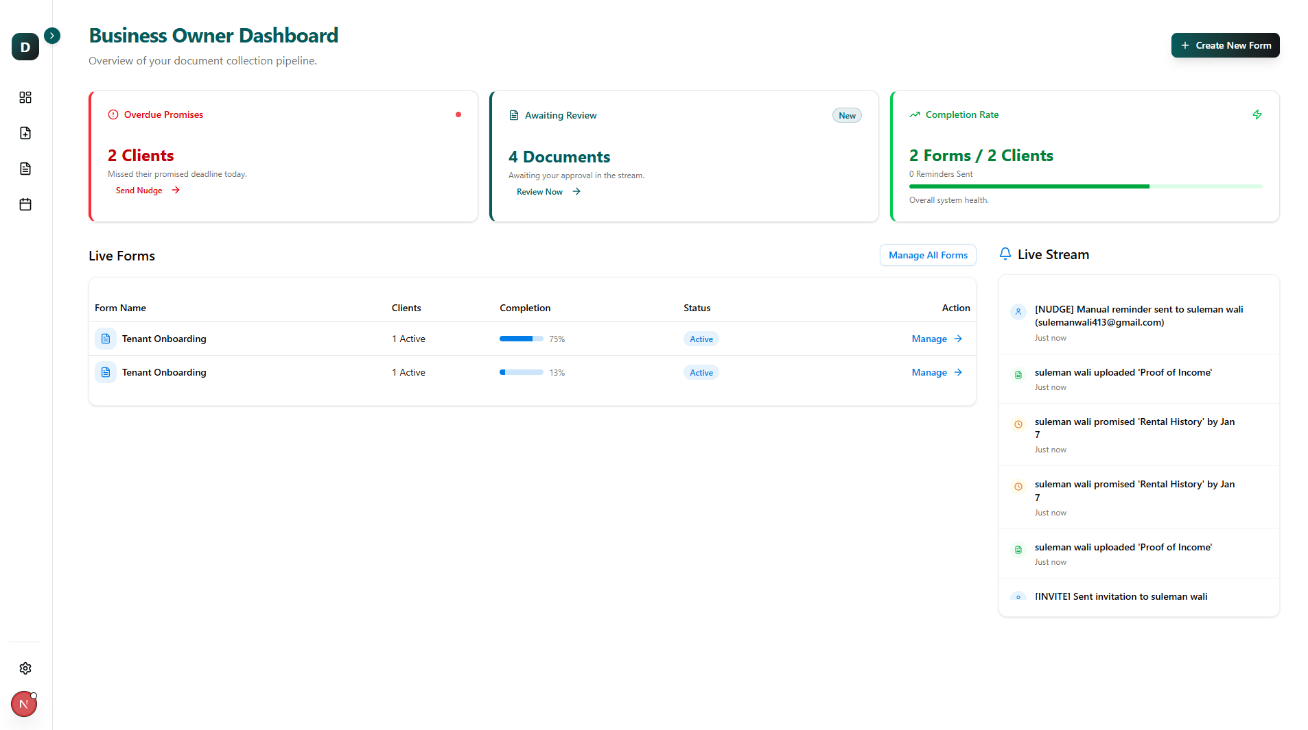 DocuMind Dashboard showing activity feed and stats